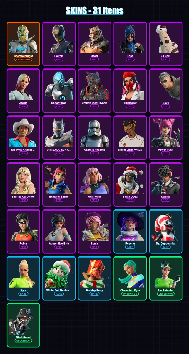 [PS4/PS5/XBOX/PC] | Spectra Knight | Hairpin | Oscar | Hope | Lil Split | 31 skin | 22 pickaxe | 11 emote | 15 glider | Lv120