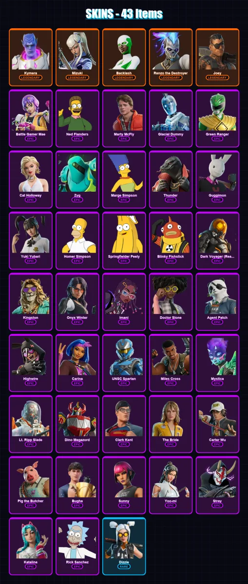 [PC/PSN] | Kymera | Mizuki | Backlash | Renzo the Destroyer | Joey | 43 skin | 76 pickaxe | 49 emote | 59 glider | Lv920