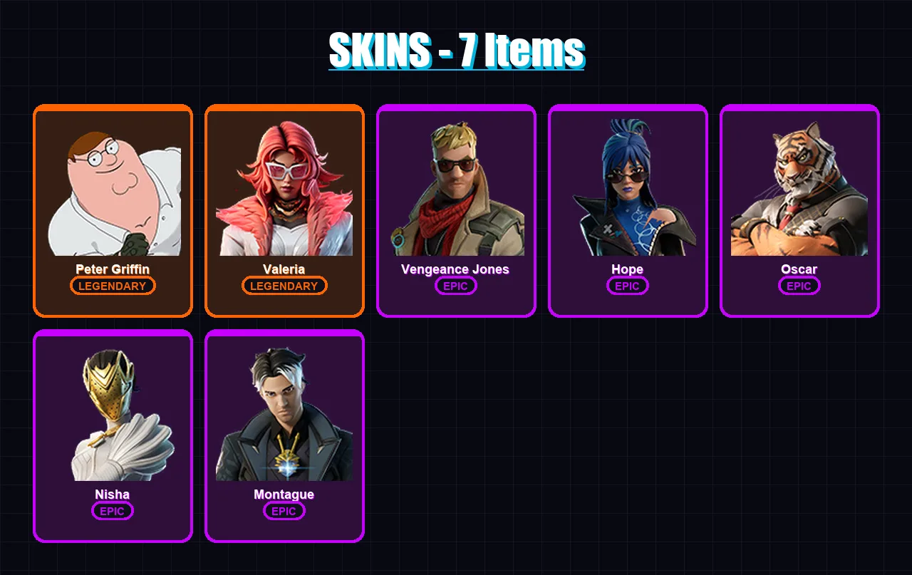 [PC/XBOX/PSN] | Peter Griffin | Valeria | Vengeance Jones | Hope | Oscar | 7 skin | 16 pickaxe | 15 emote | 19 glider | Lv274