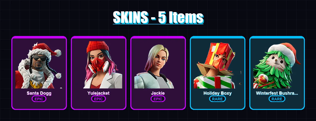 [PC/PSN] | Santa Dogg | Yulejacket | Jackie | Holiday Boxy | Winterfest Bushranger | 5 skin | 14 pickaxe | 6 emote | 9 glider | Lv140