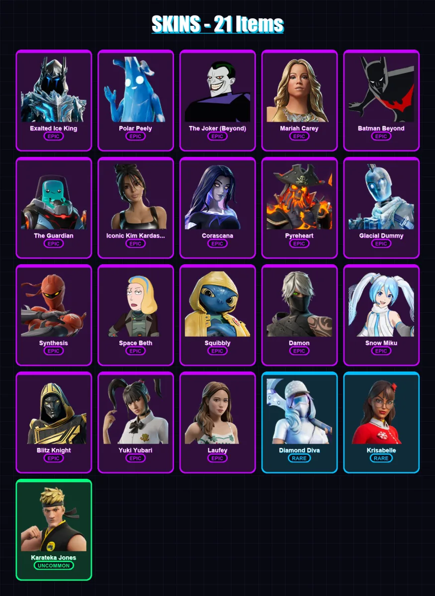 [PC/PSN] | Exalted Ice King | Polar Peely | The Joker (Beyond) | Mariah Carey | Batman Beyond | 21 skin | 52 pickaxe | 30 emote | 33 glider | Lv336