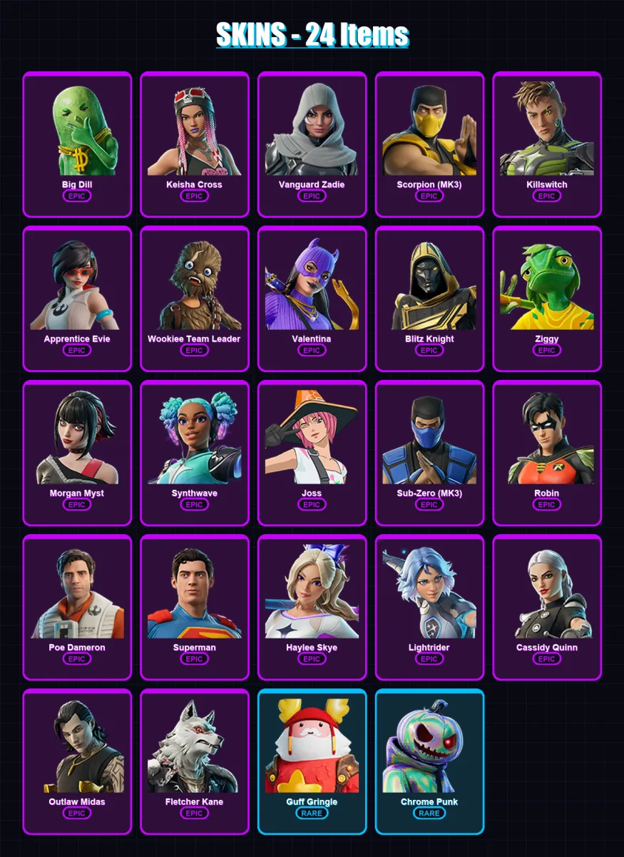 [PC/XBOX/PSN] | Big Dill | Keisha Cross | Vanguard Zadie | Scorpion (MK3) | Killswitch | 24 skin | 45 pickaxe | 28 emote | 39 glider | Lv577
