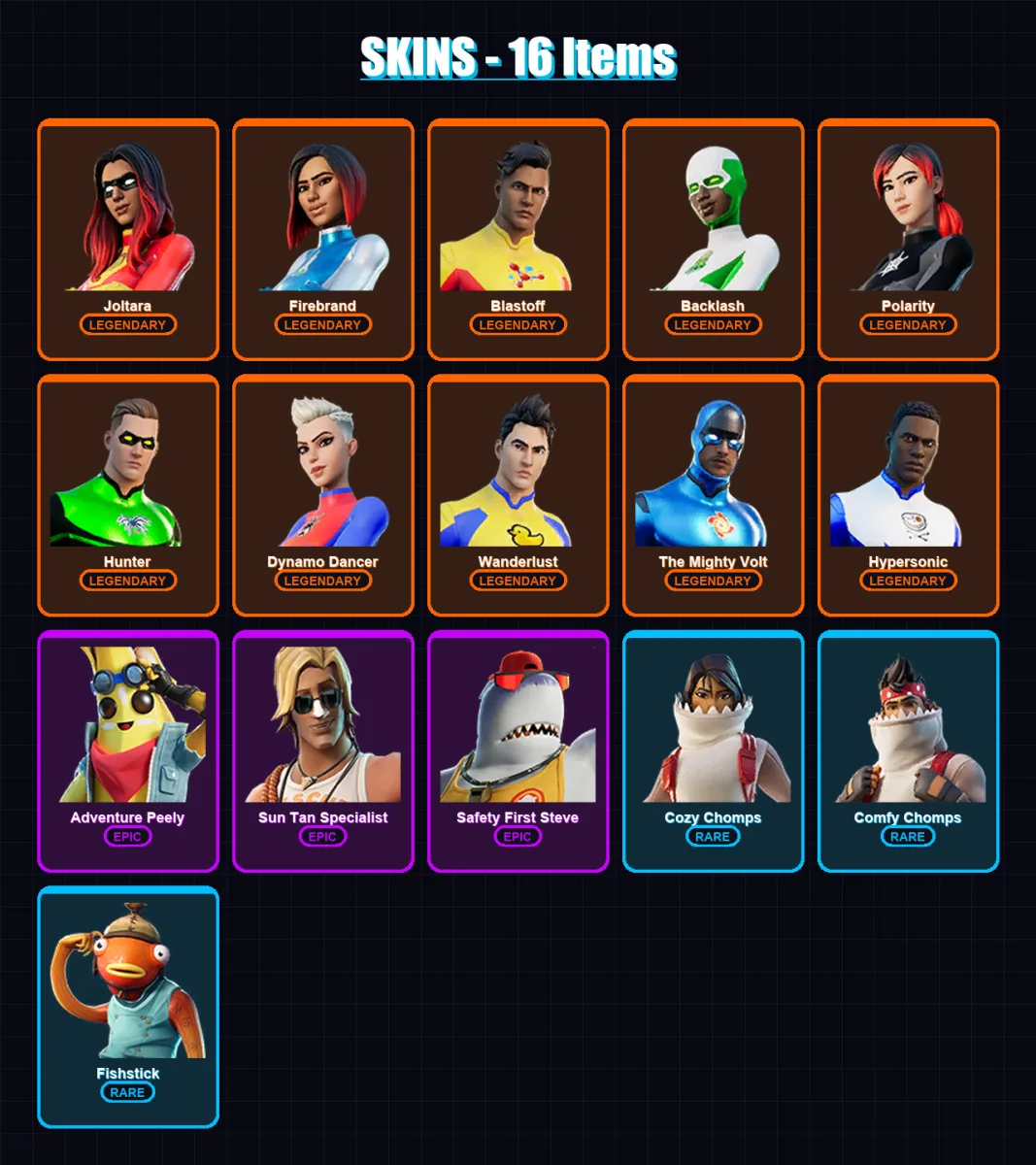 [PC/XBOX/PSN] | Joltara | Firebrand | Blastoff | Backlash | Polarity | 16 skin | 4 pickaxe | 2 emote | 4 glider | Lv3