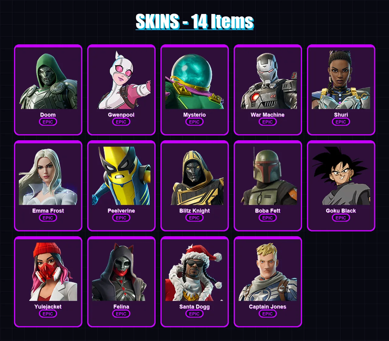 [PC/XBOX/PSN] | Doom | Gwenpool | Mysterio | War Machine | Shuri | 14 skin | 38 pickaxe | 14 emote | 17 glider | Lv232