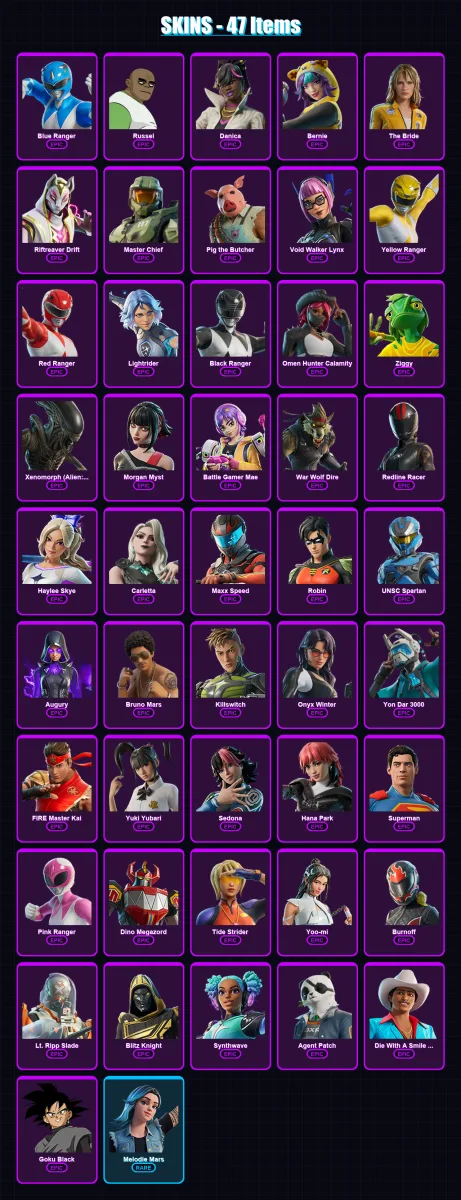 [PC/PSN] | Blue Ranger | Russel | Danica | Bernie | The Bride | 47 skin | 54 pickaxe | 44 emote | 24 glider | Lv179