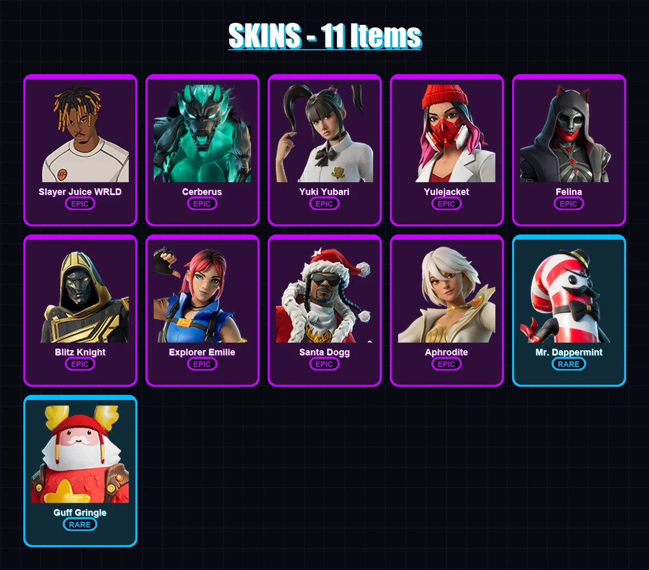 [PC/PSN] | Slayer Juice WRLD | Cerberus | Yuki Yubari | Yulejacket | Felina | 11 skin | 46 pickaxe | 23 emote | 30 glider | Lv428