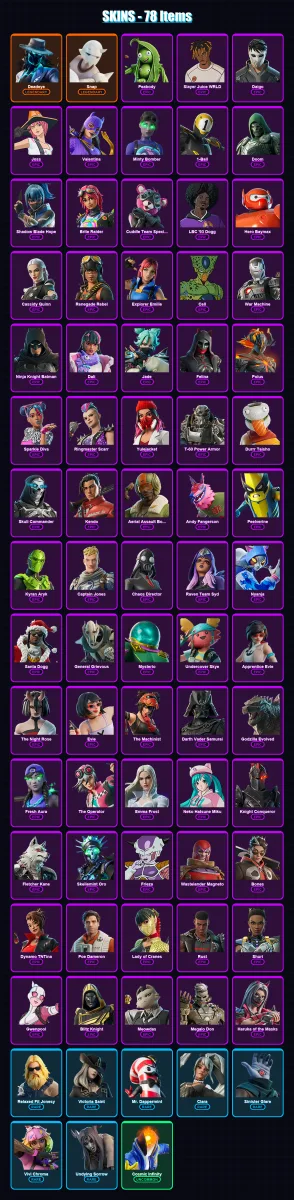 [PS4/PS5/XBOX/PC] | Deadeye | Snap | Peabody | Slayer Juice WRLD | Daigo | 78 skin | 95 pickaxe | 65 emote | 55 glider | Lv792