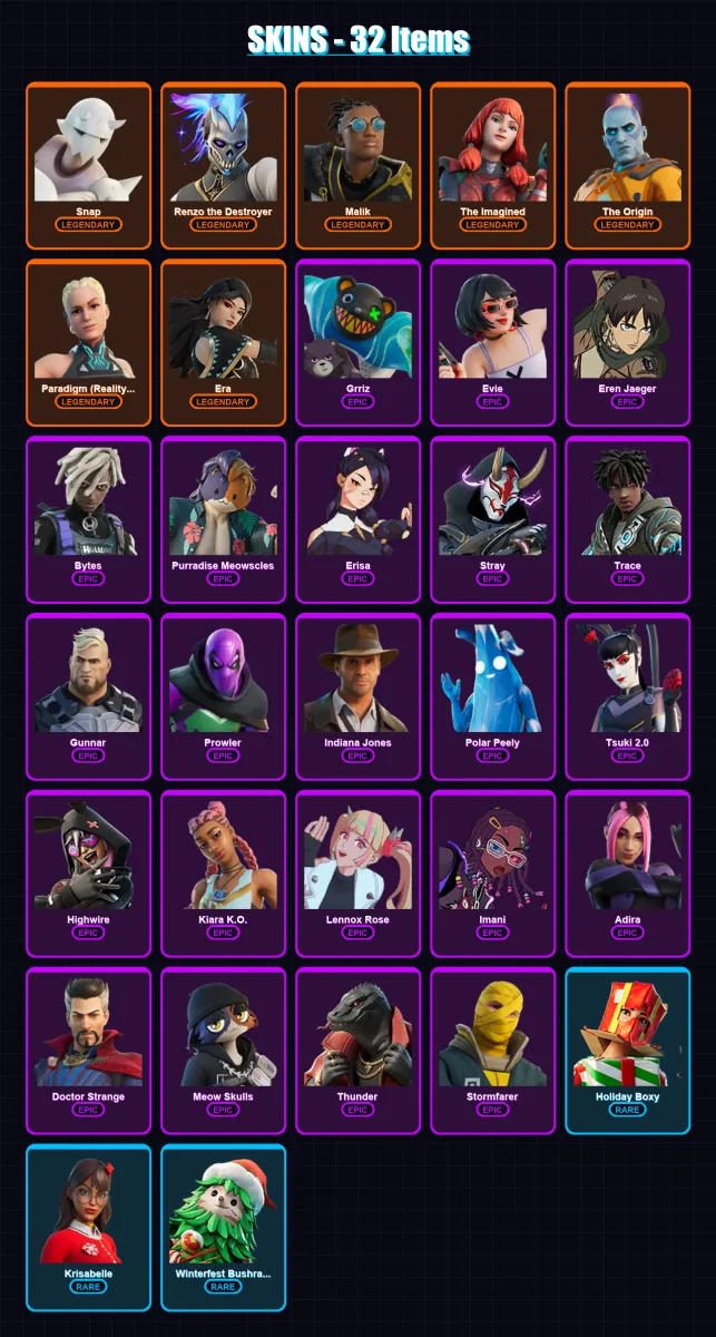 [PC/XBOX/PSN] | Snap | Renzo the Destroyer | Malik | The Imagined | The Origin | 32 skin | 51 pickaxe | 35 emote | 54 glider | Lv768
