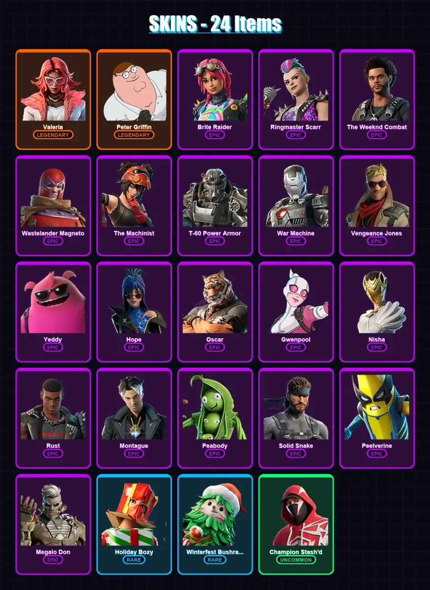 [PC/PSN] | Valeria | Peter Griffin | Brite Raider | Ringmaster Scarr | The Weeknd Combat | 24 skin | 36 pickaxe | 35 emote | 31 glider | Lv508