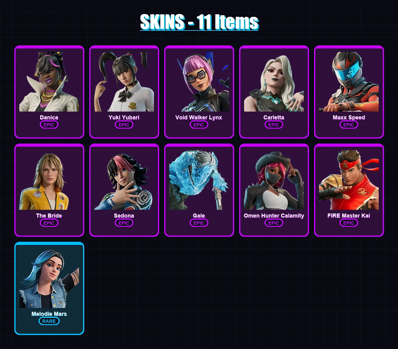 [PC/PSN] | Danica | Yuki Yubari | Void Walker Lynx | Carletta | Maxx Speed | 11 skin | 5 pickaxe | 3 emote | 4 glider | Lv11