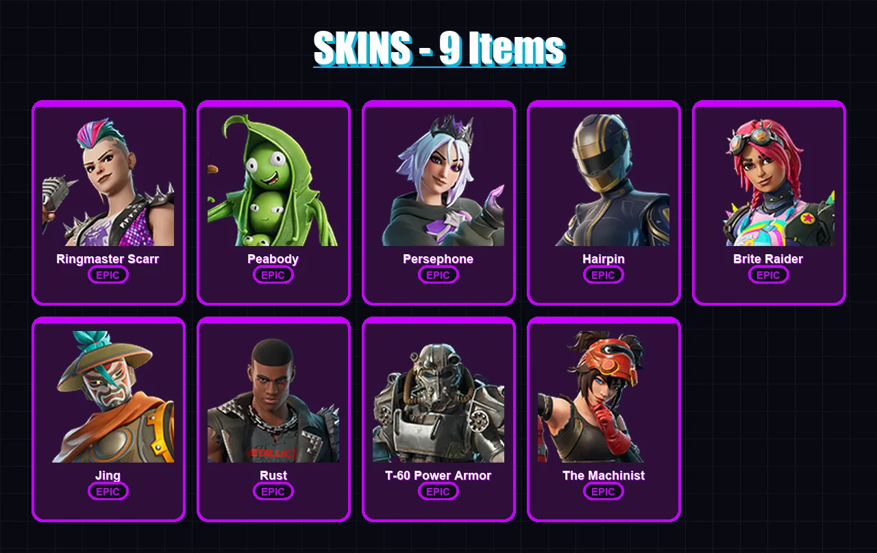 [PS4/PS5/PC] | Ringmaster Scarr | Peabody | Persephone | Hairpin | Brite Raider | 9 skin | 26 pickaxe | 12 emote | 19 glider | Lv138