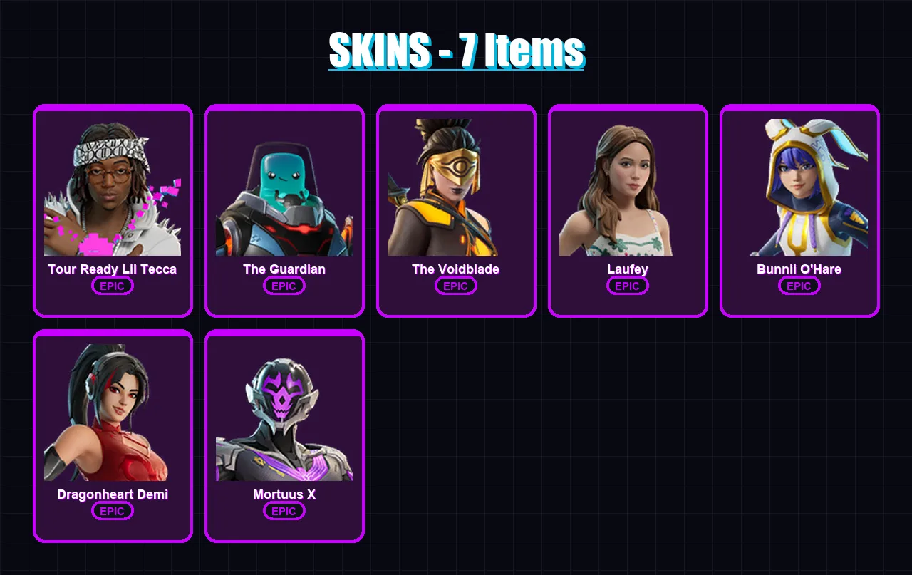 [PS4/PS5/PC] | Tour Ready Lil Tecca | The Guardian | The Voidblade | Laufey | Bunnii O'Hare | 7 skin | 8 pickaxe | 5 emote | 7 glider | Lv24