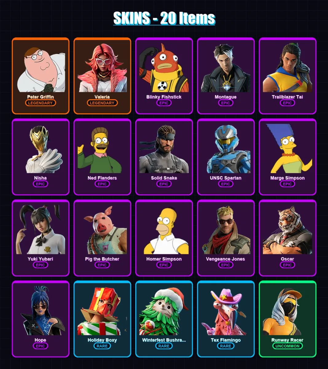 [PC/PSN] | Peter Griffin | Valeria | Blinky Fishstick | Montague | Trailblazer Tai | 20 skin | 39 pickaxe | 18 emote | 28 glider | Lv498 — Fortnite account