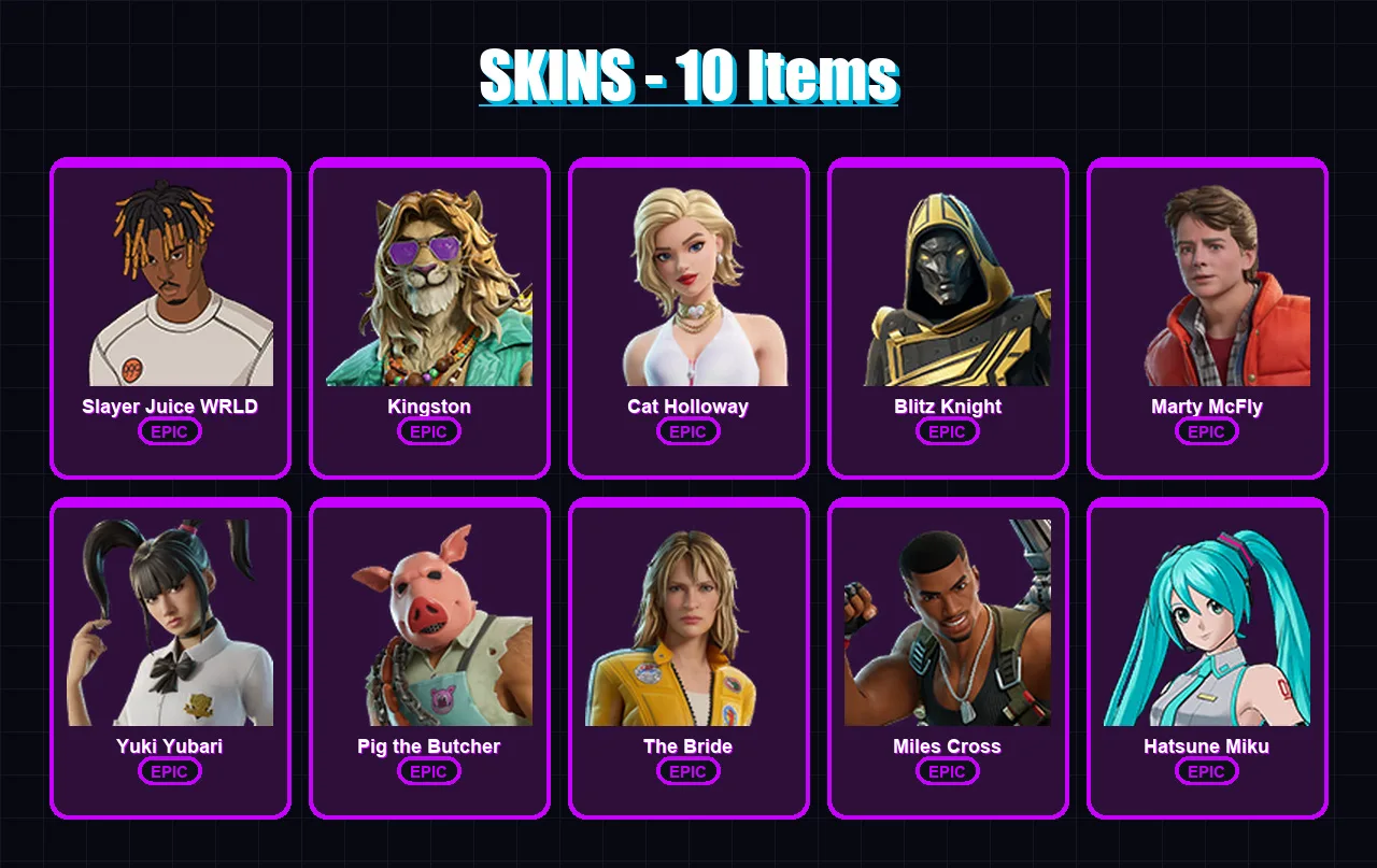 [PC/PSN] | Slayer Juice WRLD | Kingston | Cat Holloway | Blitz Knight | Marty McFly | 10 skin | 56 pickaxe | 26 emote | 36 glider | Lv432