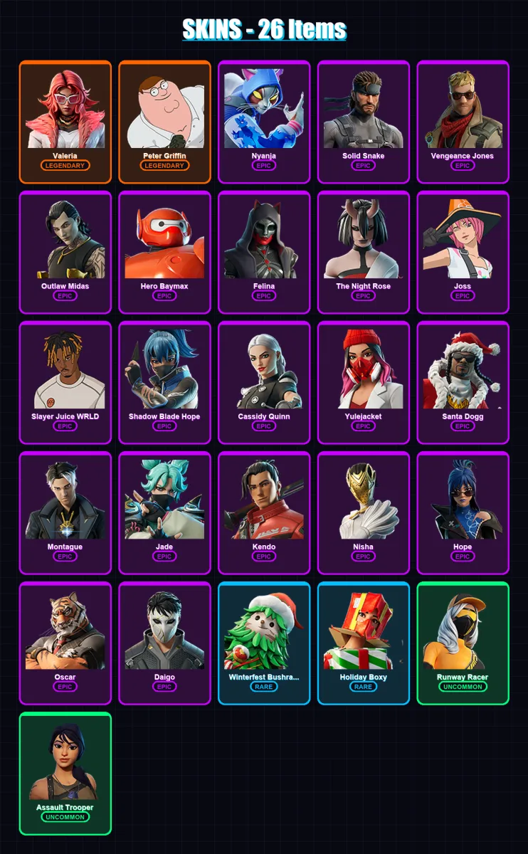 [PC/XBOX/PSN] | Valeria | Peter Griffin | Nyanja | Solid Snake | Vengeance Jones | 26 skin | 64 pickaxe | 44 emote | 45 glider | Lv889