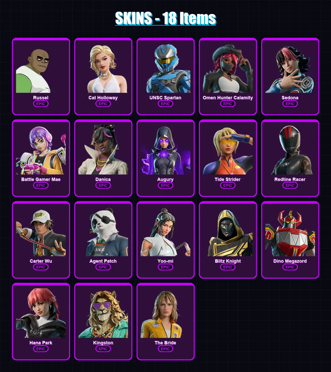 [PC/XBOX/PSN] | Russel | Cat Holloway | UNSC Spartan | Omen Hunter Calamity | Sedona | 18 skin | 39 pickaxe | 34 emote | 23 glider | Lv334