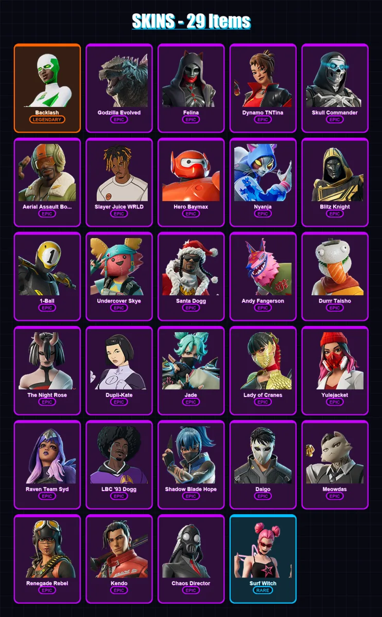[PC/XBOX/PSN] | Backlash | Godzilla Evolved | Felina | Dynamo TNTina | Skull Commander | 29 skin | 54 pickaxe | 35 emote | 31 glider | Lv638