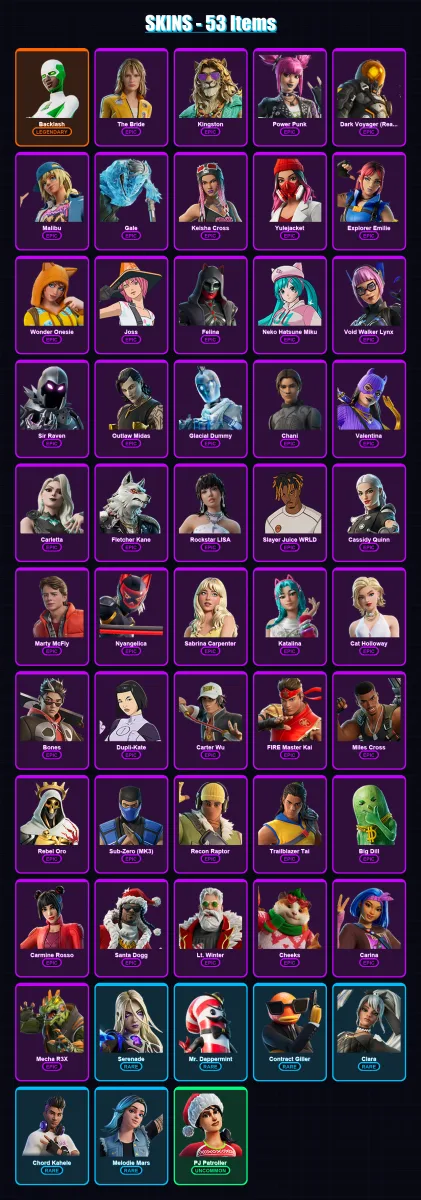 [PC/XBOX] | Backlash | The Bride | Kingston | Power Punk | Dark Voyager (Reality Redacted) | 53 skin | 81 pickaxe | 50 emote | 42 glider | Lv789