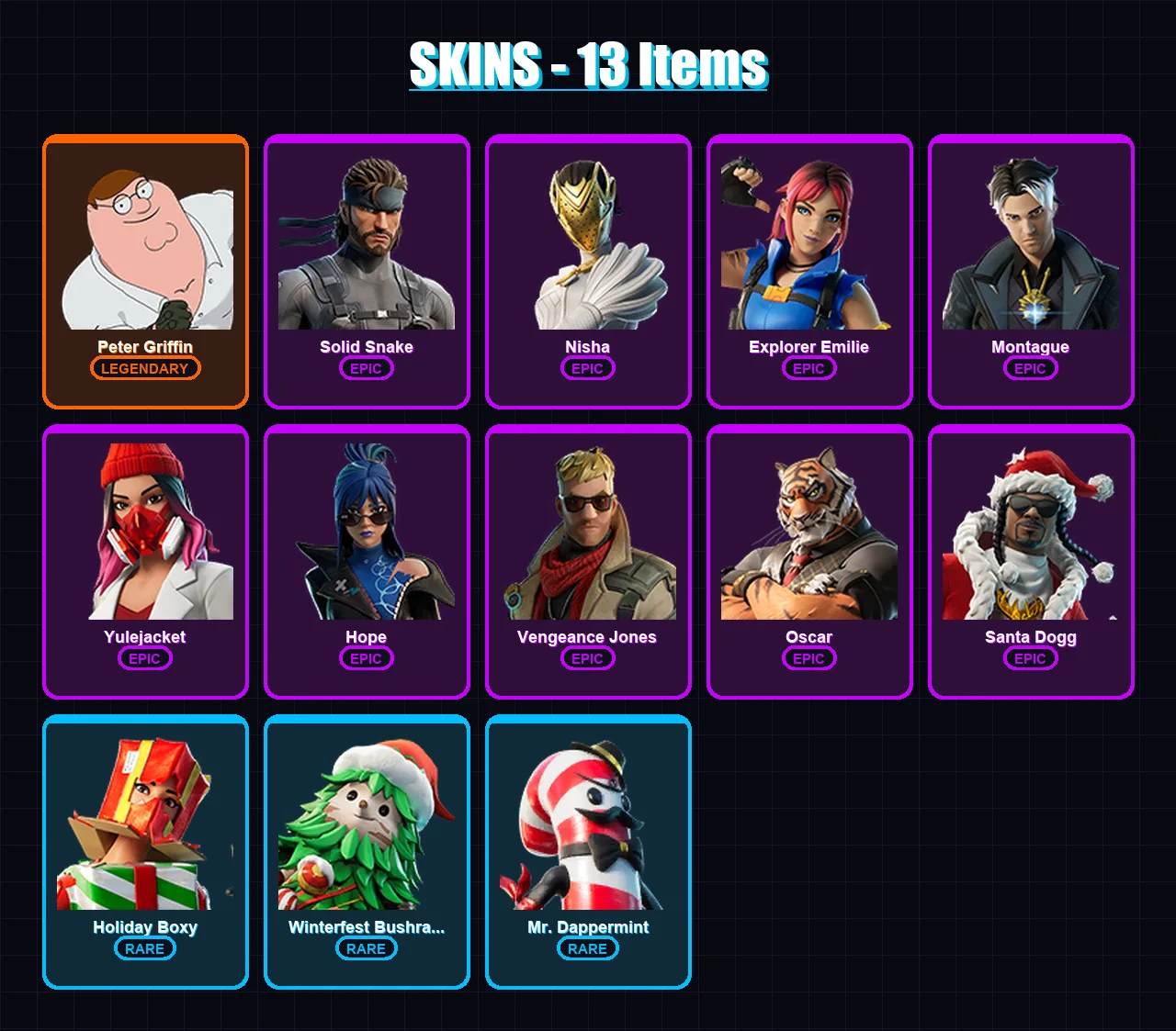 [PC/PSN] | Peter Griffin | Solid Snake | Nisha | Explorer Emilie | Montague | 13 skin | 18 pickaxe | 7 emote | 13 glider | Lv148 — Fortnite account