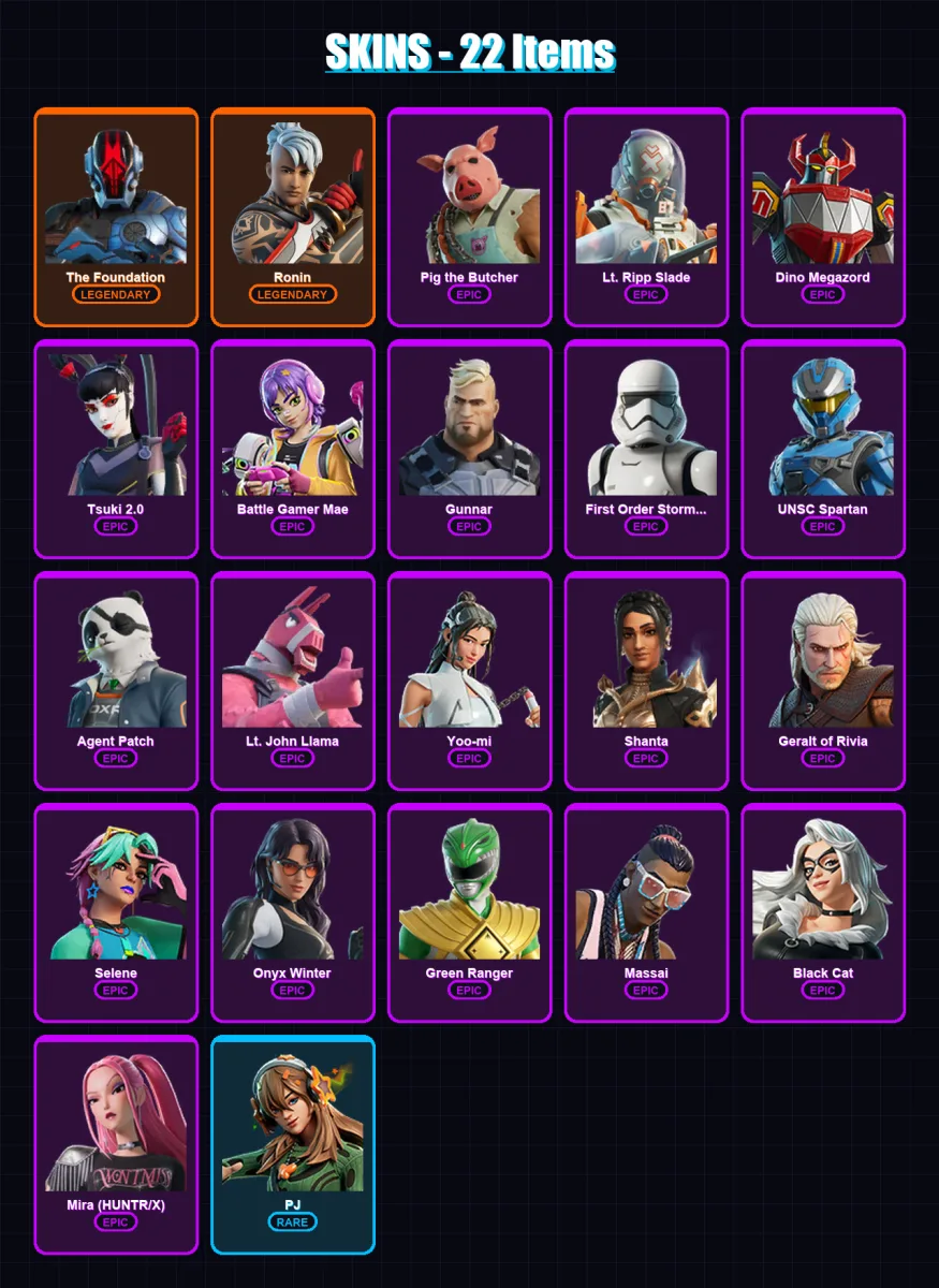 [PC/XBOX/PSN] | The Foundation | Ronin | Pig the Butcher | Lt. Ripp Slade | Dino Megazord | 22 skin | 25 pickaxe | 23 emote | 24 glider | Lv300 — Fortnite account