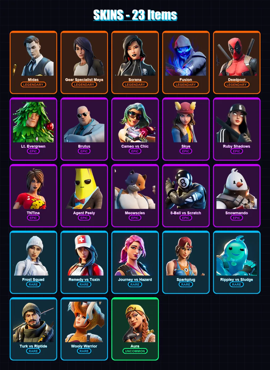 [PC/XBOX/PSN] | Midas | Gear Specialist Maya | Sorana | Fusion | Deadpool | 23 skin | 27 pickaxe | 32 emote | 30 glider | Lv741 — Fortnite account