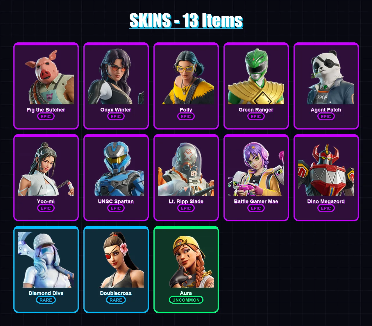 [PC/XBOX/PSN] | Pig the Butcher | Onyx Winter | Polly | Green Ranger | Agent Patch | 13 skin | 30 pickaxe | 18 emote | 20 glider | Lv261 — Fortnite account