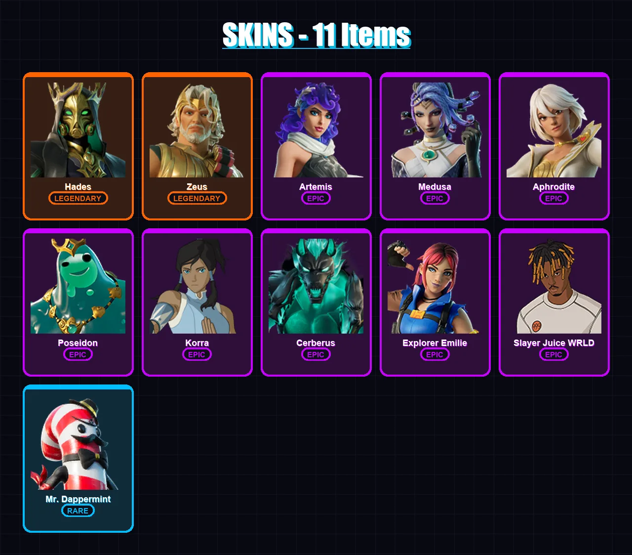 [PS4/PS5/XBOX/PC] | Hades | Zeus | Artemis | Medusa | Aphrodite | 11 skin | 18 pickaxe | 15 emote | 19 glider | Lv377
