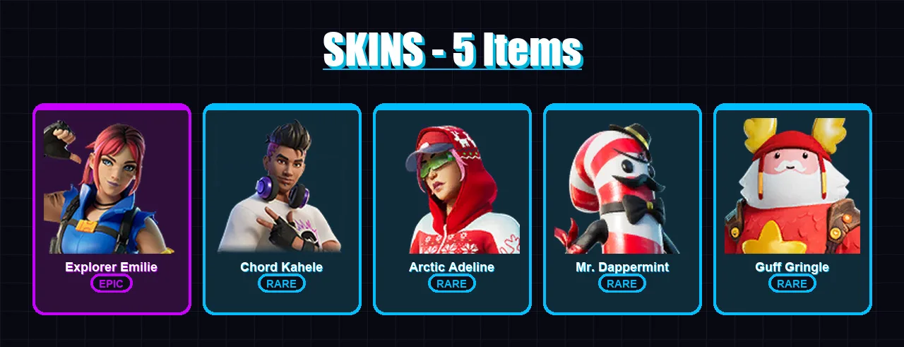 [PC/PSN] | Explorer Emilie | Chord Kahele | Arctic Adeline | Mr. Dappermint | Guff Gringle | 5 skin | 35 pickaxe | 15 emote | 24 glider | Lv291