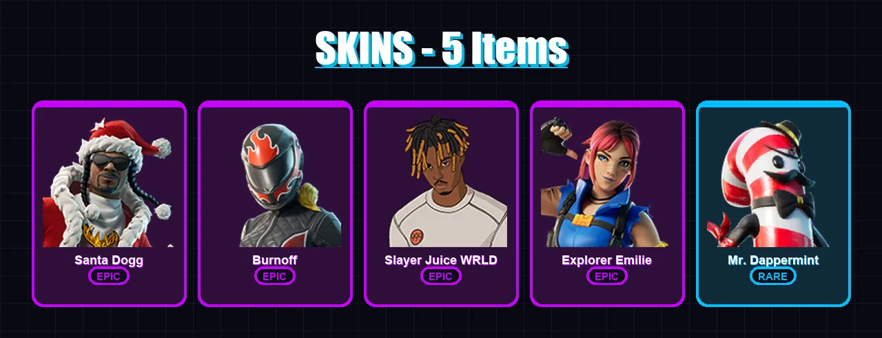 [PC] | Santa Dogg | Burnoff | Slayer Juice WRLD | Explorer Emilie | Mr. Dappermint | 5 skin | 16 pickaxe | 4 emote | 8 glider | Lv130