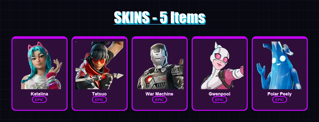 [PC/PSN] | Katalina | Tatsuo | War Machine | Gwenpool | Polar Peely | 5 skin | 11 pickaxe | 7 emote | 10 glider | Lv91