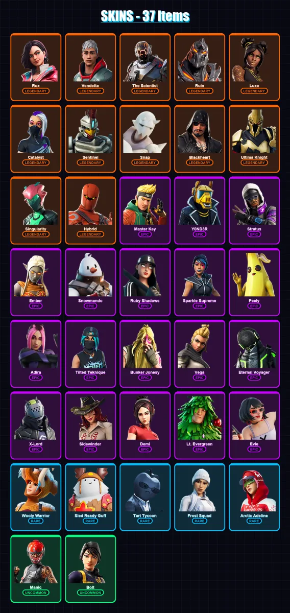 [PC/XBOX/PSN] | Rox | Vendetta | The Scientist | Ruin | Luxe | 37 skin | 57 pickaxe | 55 emote | 64 glider | Lv1041 — Fortnite account