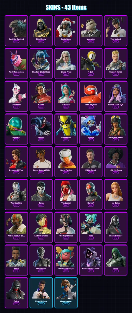 [PC/XBOX/PSN] | Godzilla Evolved | Blitz Knight | Santa Dogg | Meowdas | Yuki Yubari | 43 skin | 73 pickaxe | 46 emote | 42 glider | Lv429