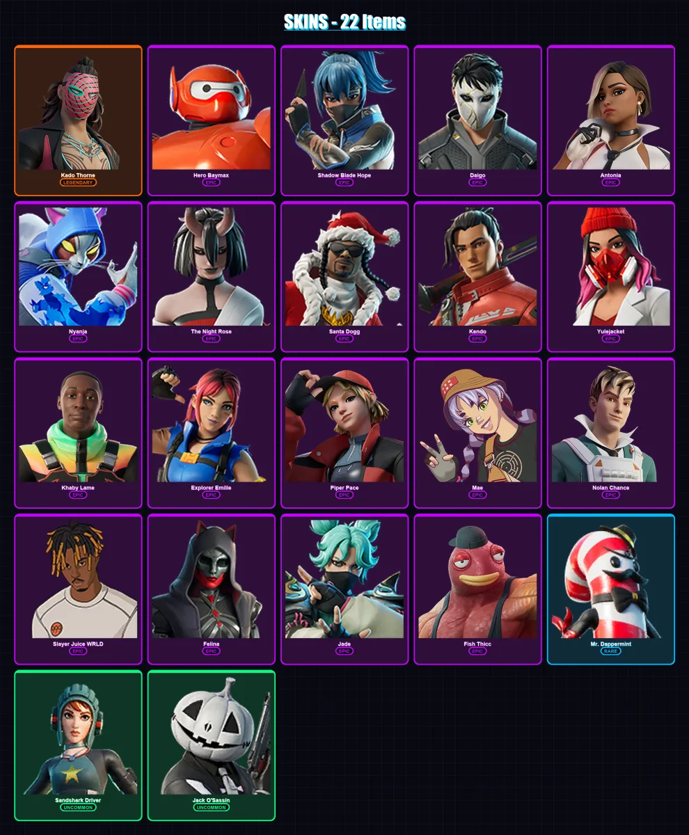 [PC/XBOX/PSN] | Kado Thorne | Hero Baymax | Shadow Blade Hope | Daigo | Antonia | 22 skin | 60 pickaxe | 29 emote | 48 glider | Lv1048