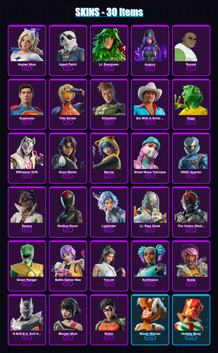 [PC/PSN] | Haylee Skye | Agent Patch | Lt. Evergreen | Augury | Russel | 30 skin | 39 pickaxe | 38 emote | 28 glider | Lv334