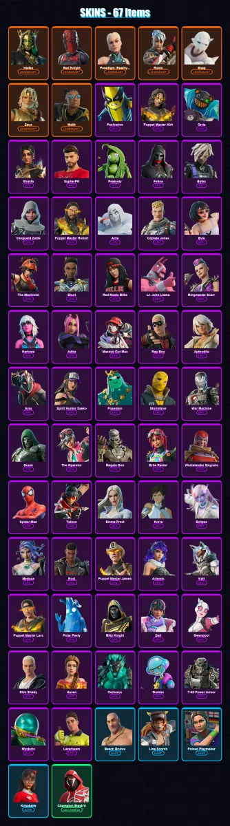 [PS4/PS5/XBOX/PC] | Hades | Red Knight | Paradigm (Reality-659) | Ronin | Snap | 67 skin | 112 pickaxe | 85 emote | 78 glider | Lv1135