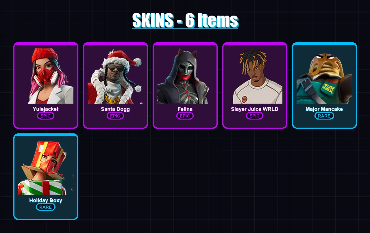 [PC/XBOX/PSN] | Yulejacket | Santa Dogg | Felina | Slayer Juice WRLD | Major Mancake | 6 skin | 25 pickaxe | 10 emote | 12 glider | Lv214