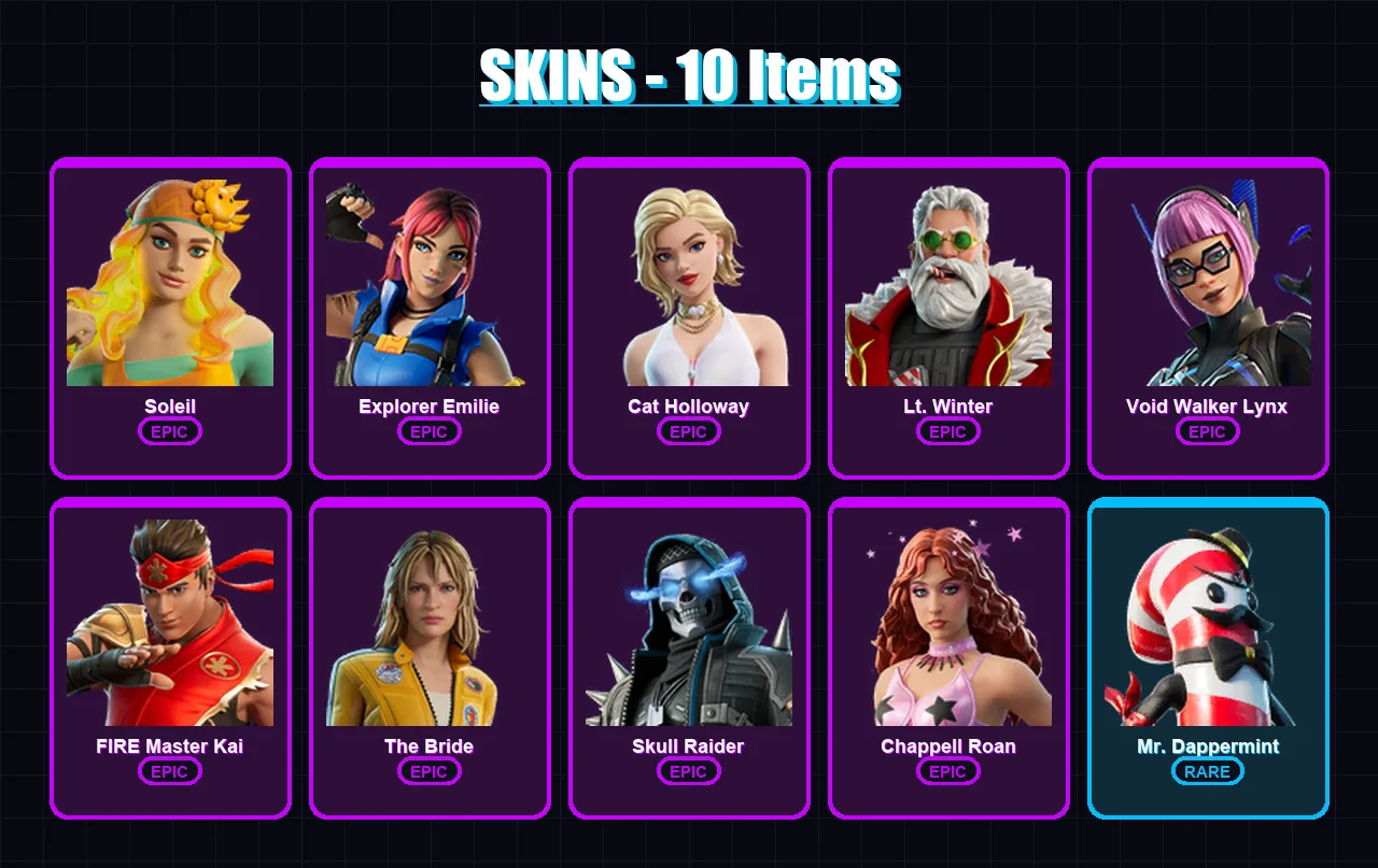 [SWITCH/XBOX/PSN/PC] | Soleil | Explorer Emilie | Cat Holloway | Lt. Winter | Void Walker Lynx | 10 skin | 11 pickaxe | 12 emote | 9 glider | Lv38