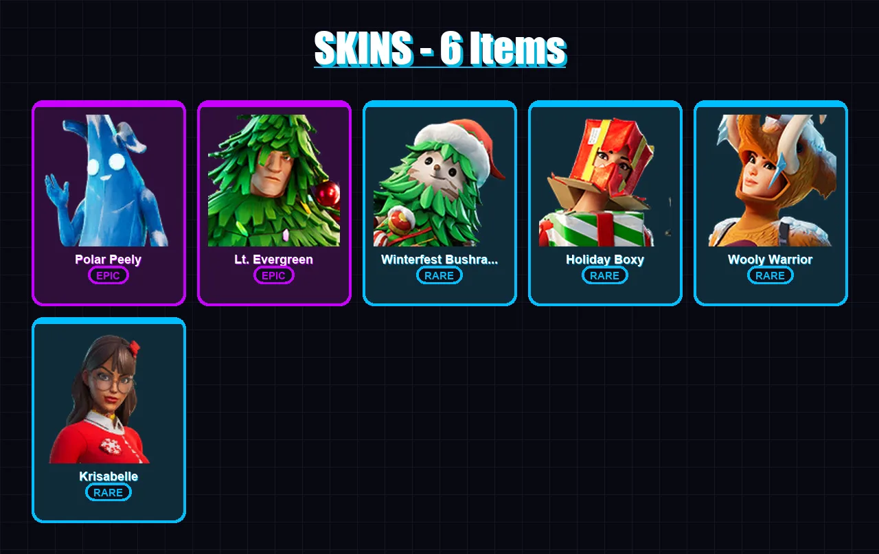 [PS4/PS5/XBOX/PC] | Polar Peely | Lt. Evergreen | Winterfest Bushranger | 6 skin | Lv192