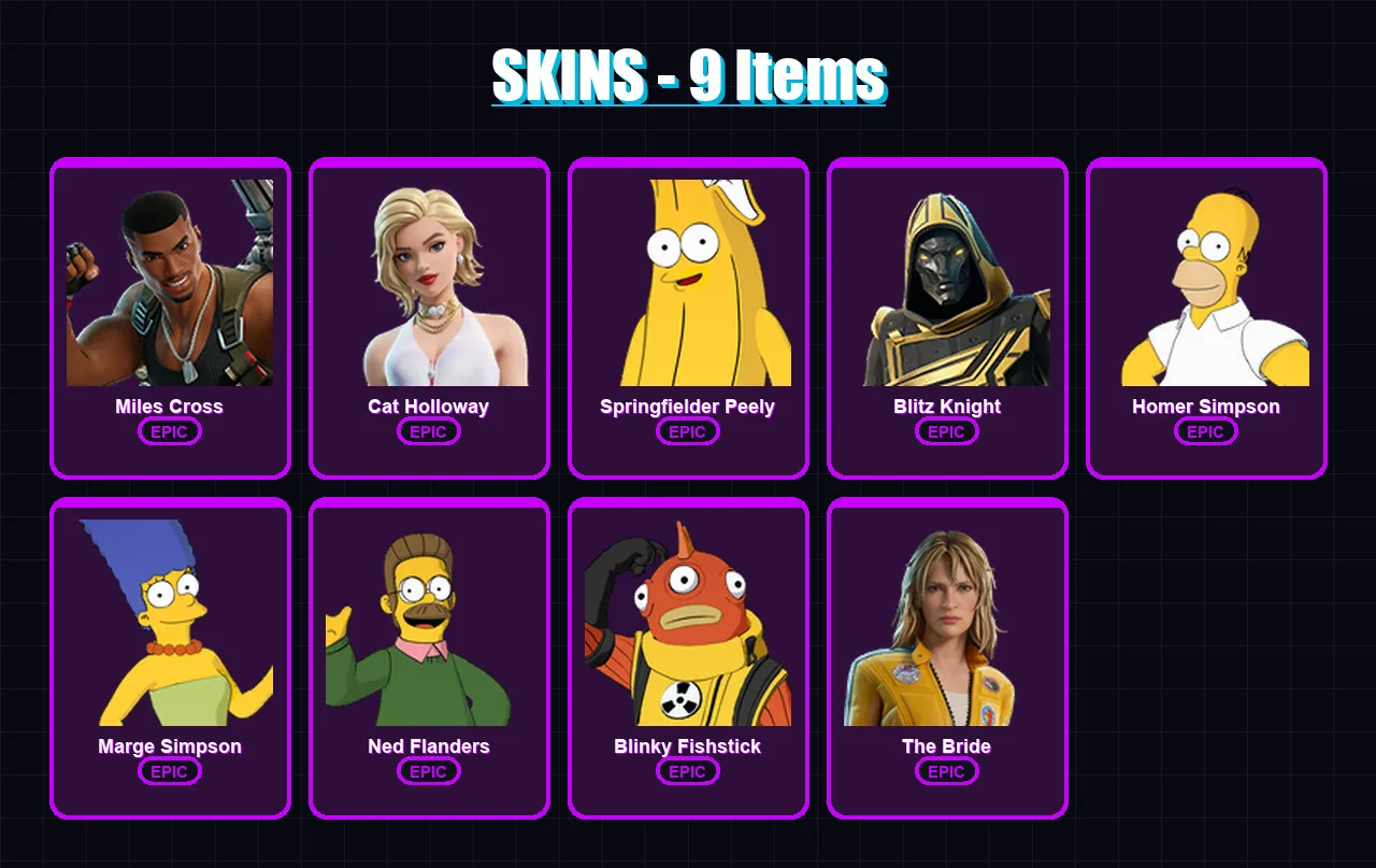 [PC/XBOX/PSN] | Miles Cross | Cat Holloway | Springfielder Peely | Blitz Knight | Homer Simpson | 9 skin | 39 pickaxe | 15 emote | 30 glider | Lv285