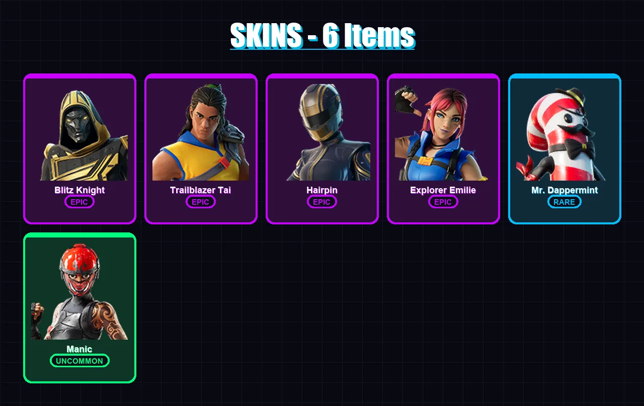 [PC/XBOX/PSN] | Blitz Knight | Trailblazer Tai | Hairpin | Explorer Emilie | Mr. Dappermint | 6 skin | 22 pickaxe | 14 emote | 19 glider | Lv285