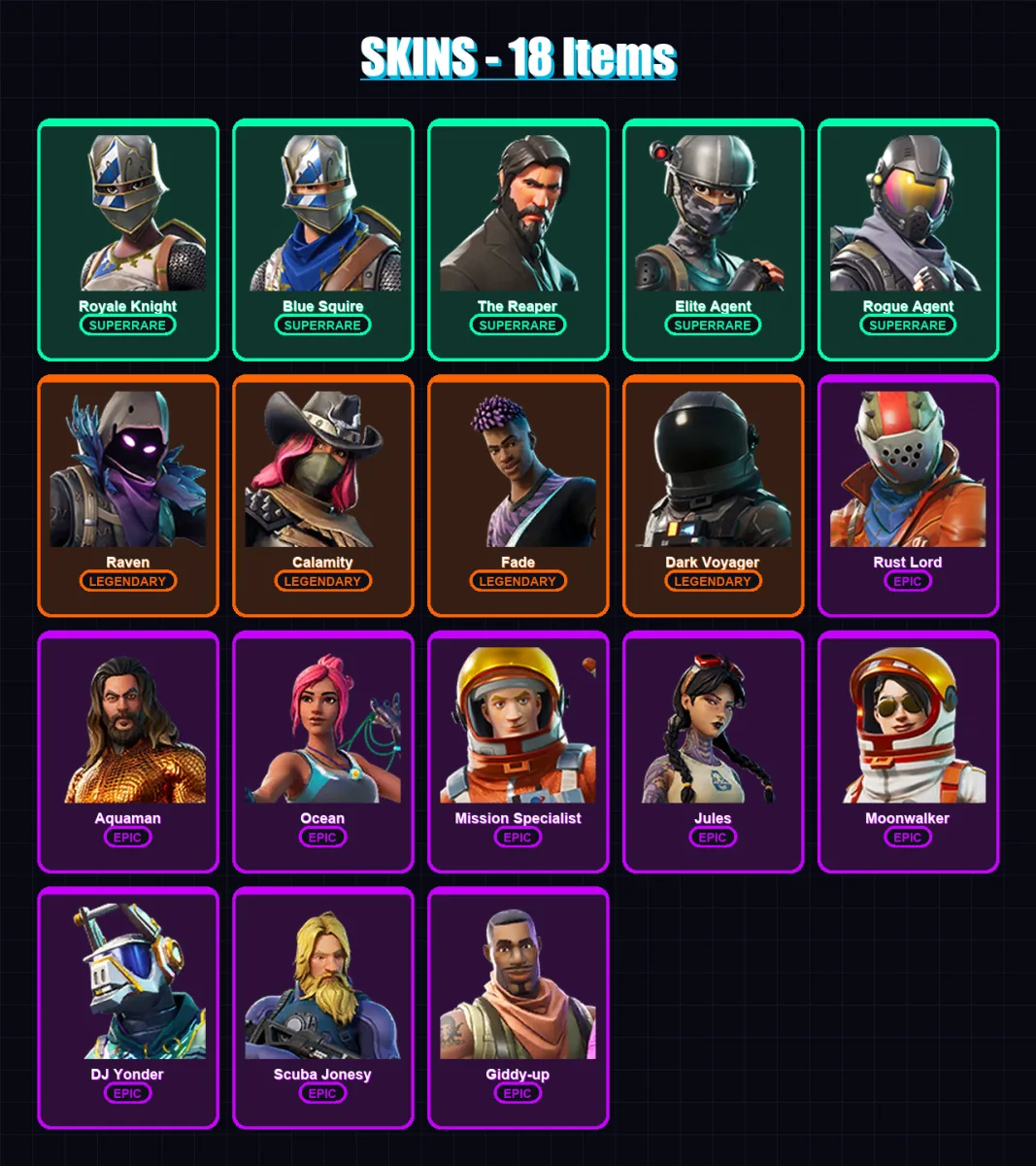 [PC/XBOX/PSN] | Royale Knight | Blue Squire | The Reaper | Elite Agent | Rogue Agent | 18 skin | 26 pickaxe | 23 emote | 34 glider | Lv476