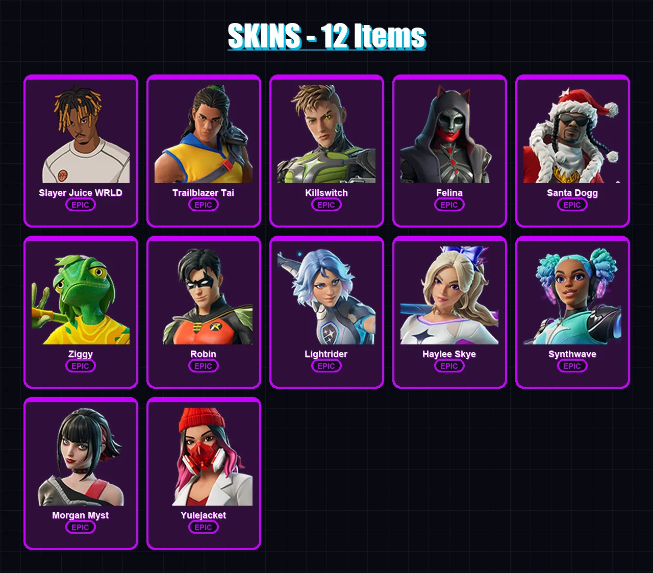 [PC/XBOX/PSN] | Slayer Juice WRLD | Trailblazer Tai | Killswitch | Felina | Santa Dogg | 12 skin | 39 pickaxe | 18 emote | 24 glider | Lv346