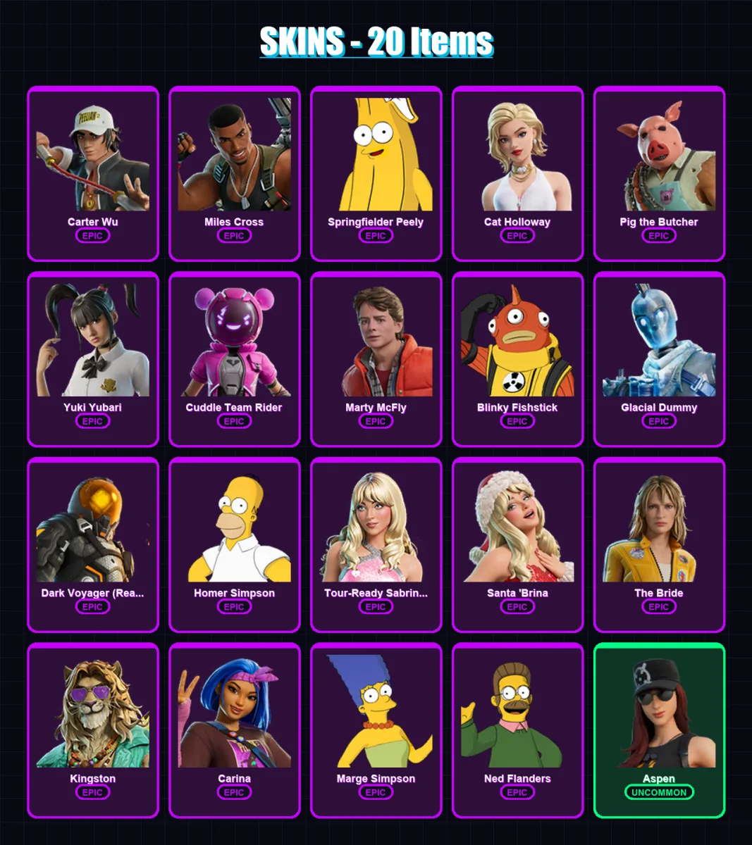[PS4/PS5/XBOX/PC] | Carter Wu | Miles Cross | Springfielder Peely | 20 skin | Lv345