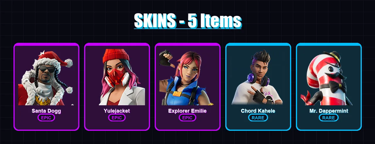 [PC/XBOX/PSN] | Santa Dogg | Yulejacket | Explorer Emilie | Chord Kahele | Mr. Dappermint | 5 skin | 7 pickaxe | 2 emote | 5 glider | Lv24