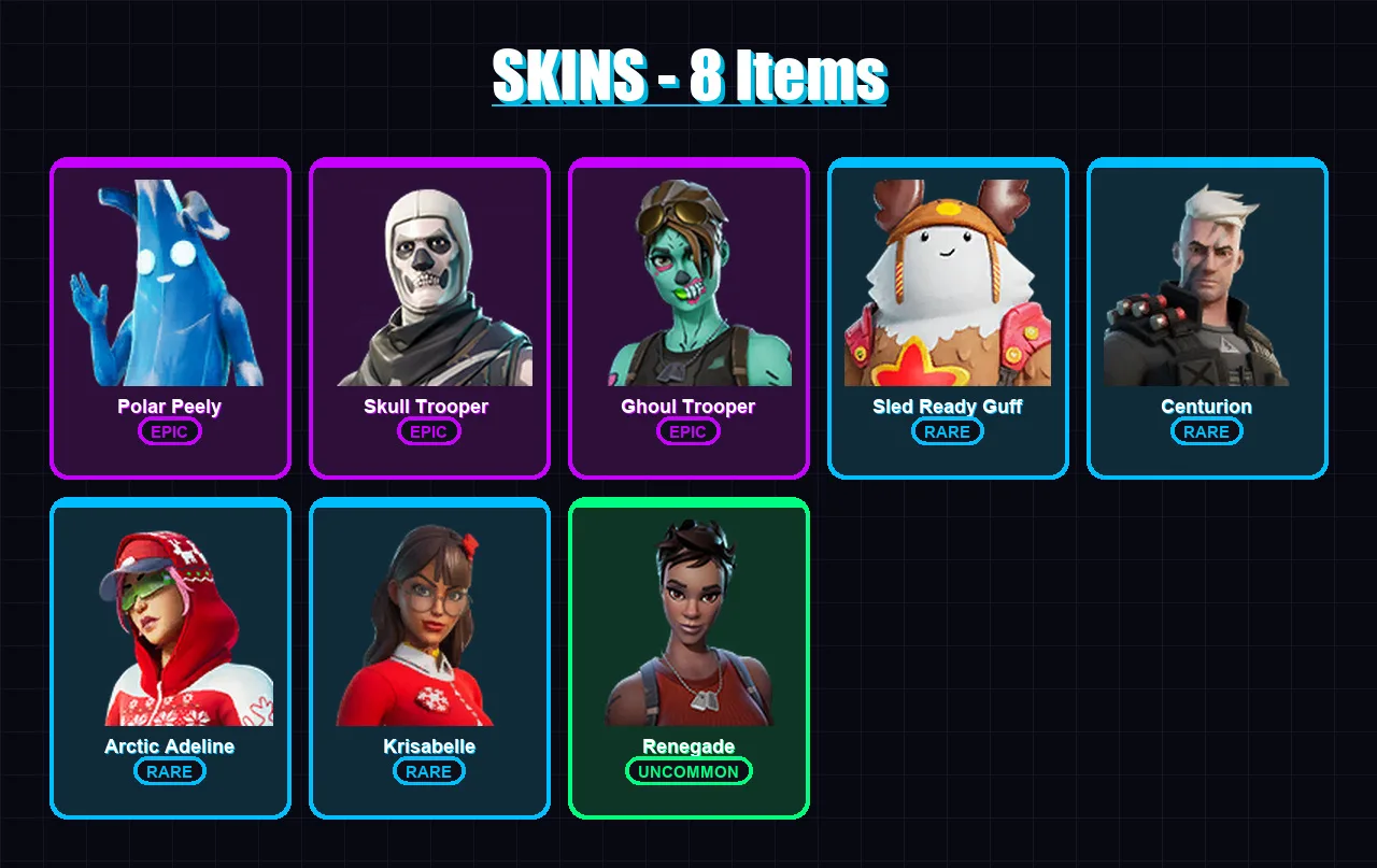 [SWITCH/XBOX/PSN/PC] | Polar Peely | Skull Trooper  | Ghoul Trooper | Sled Ready Guff | Centurion | 8 skin | 17 pickaxe | 22 emote | 20 glider | Lv3