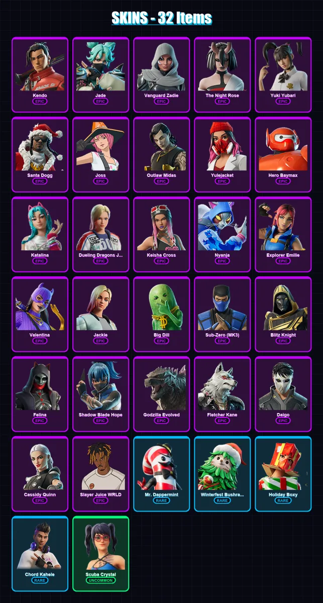 [PC/XBOX/PSN] | Kendo | Jade | Vanguard Zadie | The Night Rose | Yuki Yubari | 32 skin | 74 pickaxe | 40 emote | 64 glider | Lv829