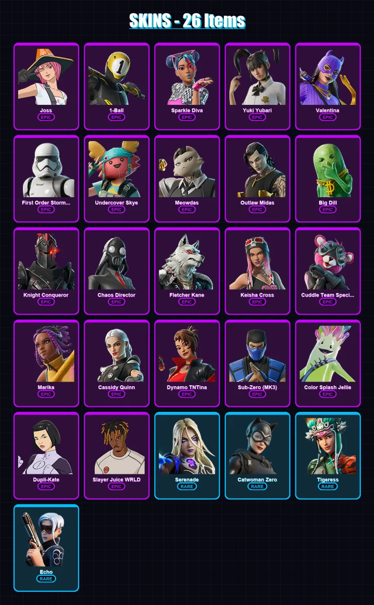 [PC/XBOX/PSN] | Joss | 1-Ball | Sparkle Diva | Yuki Yubari | Valentina | 26 skin | 65 pickaxe | 32 emote | 41 glider | Lv550