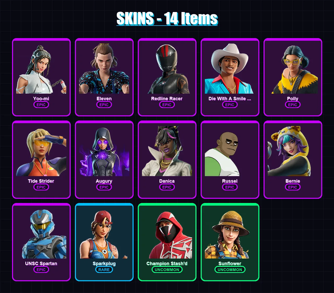 [PS4/PS5/XBOX/PC] | Yoo-mi | Eleven | Redline Racer | Die With A Smile Bruno | Polly | 14 skin | 13 pickaxe | 9 emote | 9 glider | Lv68 — Game account