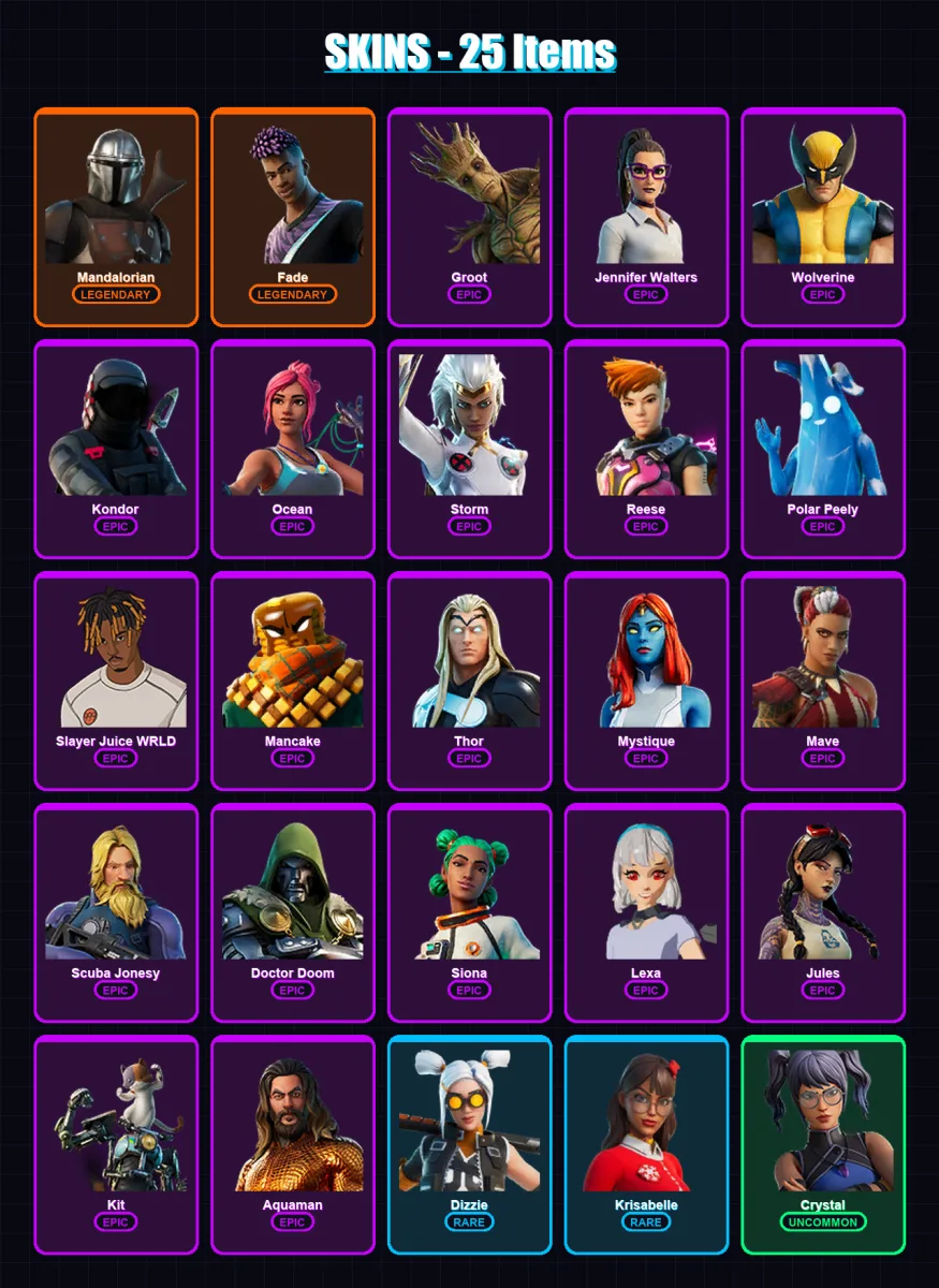 [PC/PSN] | Mandalorian | Fade | Groot | Jennifer Walters | Wolverine | 25 skin | 42 pickaxe | 31 emote | 38 glider | Lv521