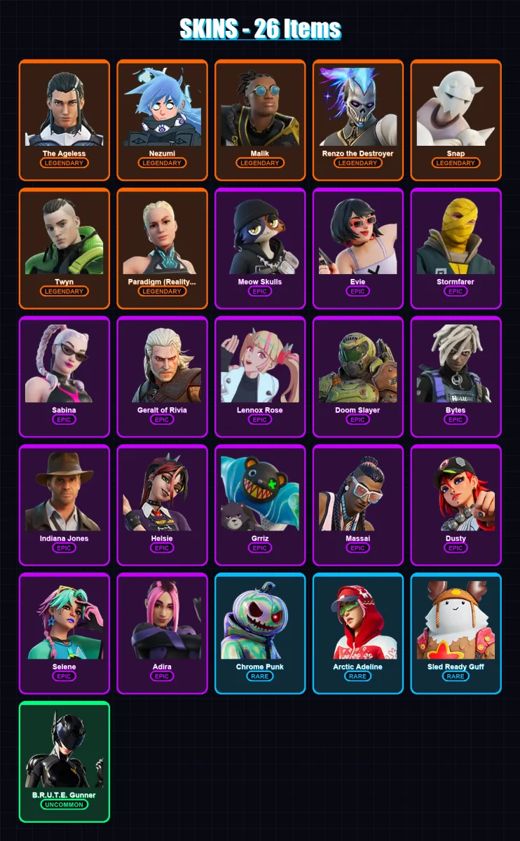 [PS4/PS5/PC] | The Ageless | Nezumi | Malik | Renzo the Destroyer | Snap | 26 skin | 32 pickaxe | 21 emote | 32 glider | Lv408